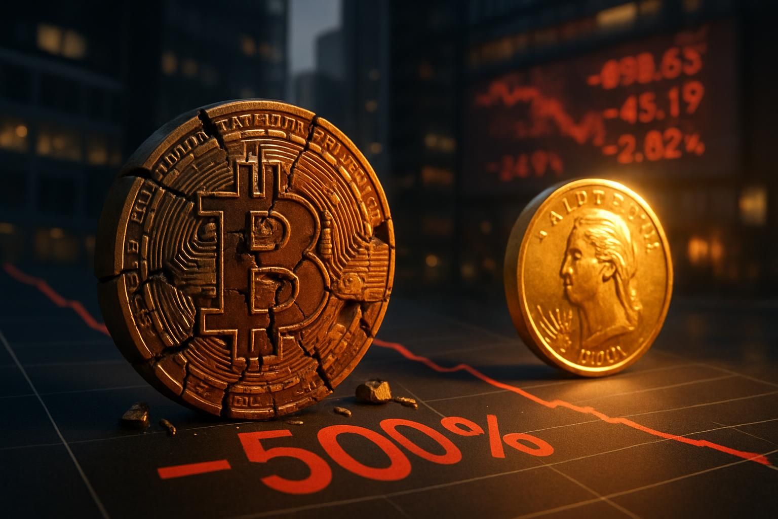 découvrez l'effondrement dramatique du bitcoin avec une chute de 50 % et son niveau le plus bas en 2 ans face à l'or. analyse des causes et impact sur le marché des cryptomonnaies.