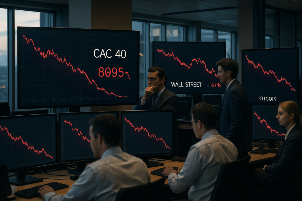 le cac40 recule vers 8 095 points, wall street perd 0,7 %, tandis que le bitcoin chute sous les 84 400 $, reflétant une journée de baisse marquée sur les marchés financiers.
