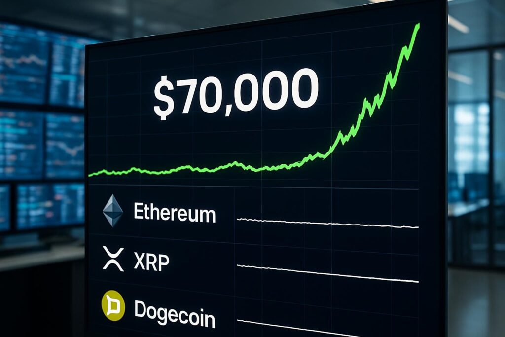 bitcoin atteint un sommet de 70 000 $, tandis qu’ethereum, xrp et dogecoin restent stables malgré les importants flux entrants liés aux etf. analyse des tendances du marché crypto.