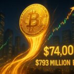 le bitcoin atteint 74 000 $ stimulé par des flux d'etf de 793 millions de dollars, annonçant une possible montée vers un nouveau sommet à 80 000 $.