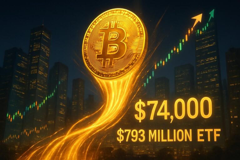 le bitcoin atteint 74 000 $ stimulé par des flux d'etf de 793 millions de dollars, annonçant une possible montée vers un nouveau sommet à 80 000 $.