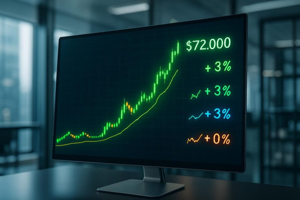 le bitcoin atteint 72 000 $ tandis qu’ethereum, xrp et dogecoin enregistrent une hausse de plus de 3 %, portés par des perspectives d’amélioration sur le marché des cryptomonnaies.