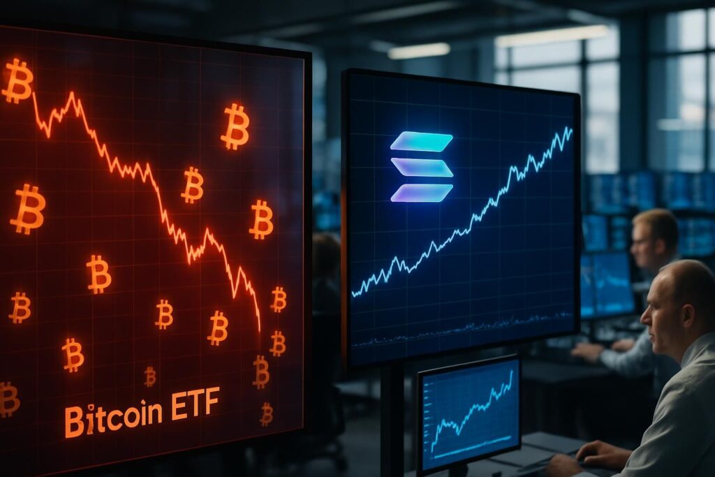 les etf bitcoin connaissent leur plus grande décollecte en plus de trois mois, contrastant avec la stabilité continue des fonds solana sur le marché.