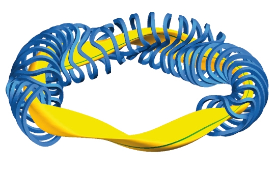 Plasma bleu et jaune confiné dans les bobines du stellarator de recherche Wendelstein 7-X