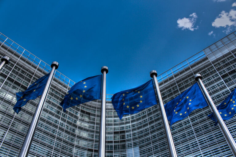 Drapeaux de l'Union europeenne flottant devant un batiment institutionnel